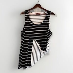 Vintage Tank Top XL Black White Stripe Long Scoop Neck‎ Classic Timeless Capsule